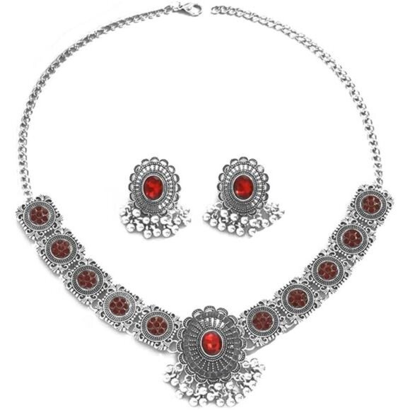 Vintage Red Austrian Crystal Kundan Necklace Earrings Jewelry Set for Women - Picture 1 of 7